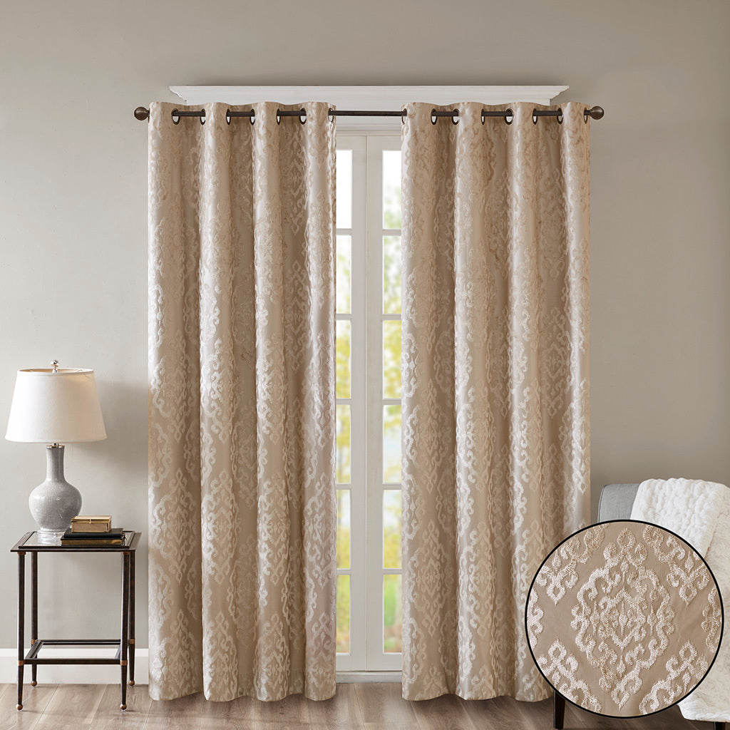 2-PK 50x84" Knitted Jacquard Damask Total Blackout Grommet Top Curtain Panel Pair - Champagne