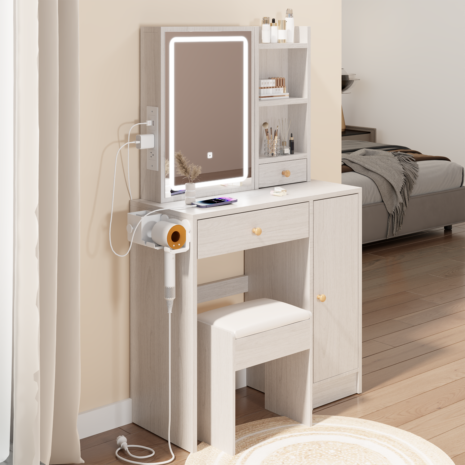Vanity Table + Cushioned Stool, With 2 AC Power + 2 USB Socket, Extra Large Sliding LED Mirror