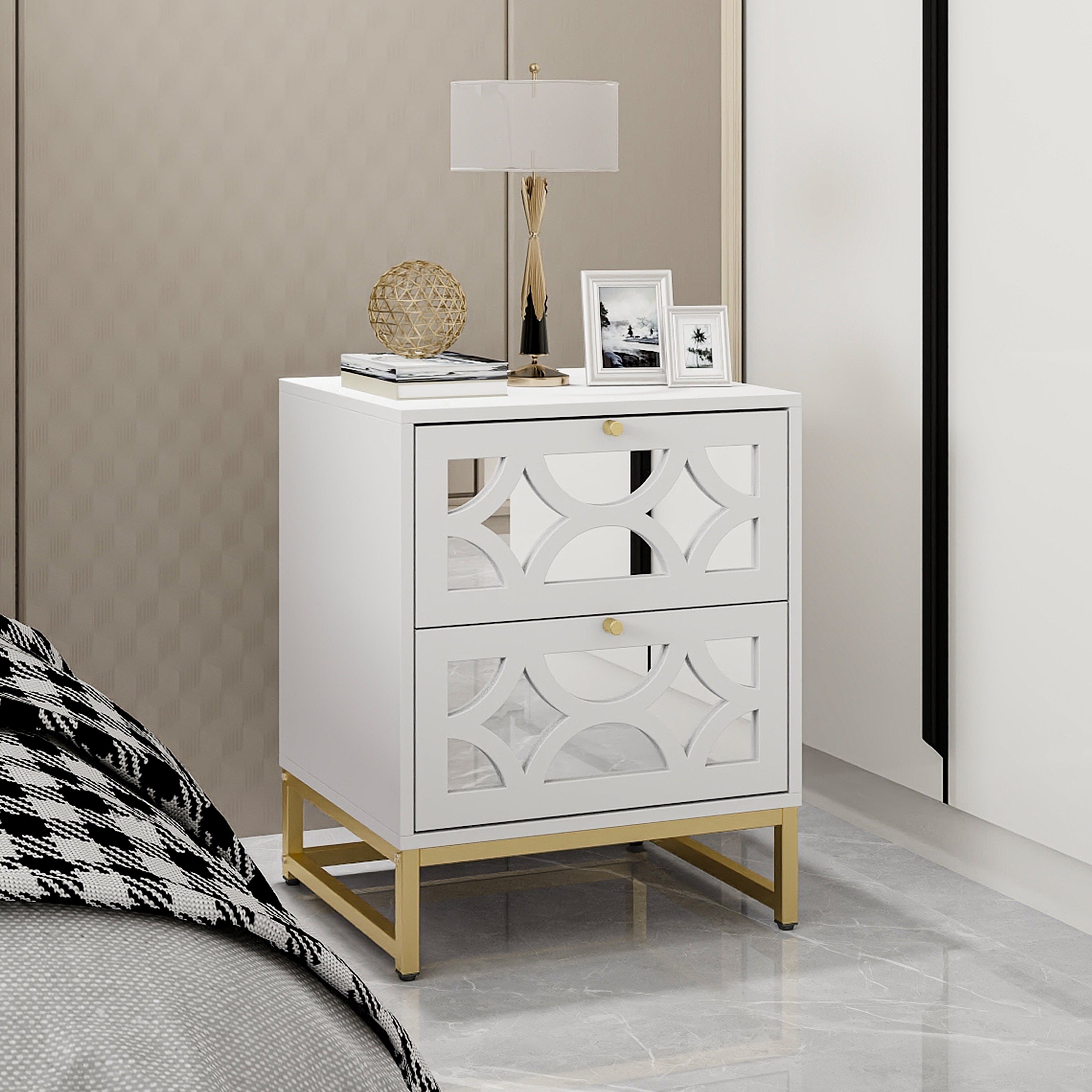 Set of 2 - Small Bedside Table with 2 Drawers, White Mirrored Nightstand with Gold Legs