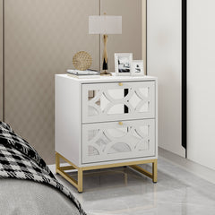 Set of 2 - Small Bedside Table with 2 Drawers, White Mirrored Nightstand with Gold Legs