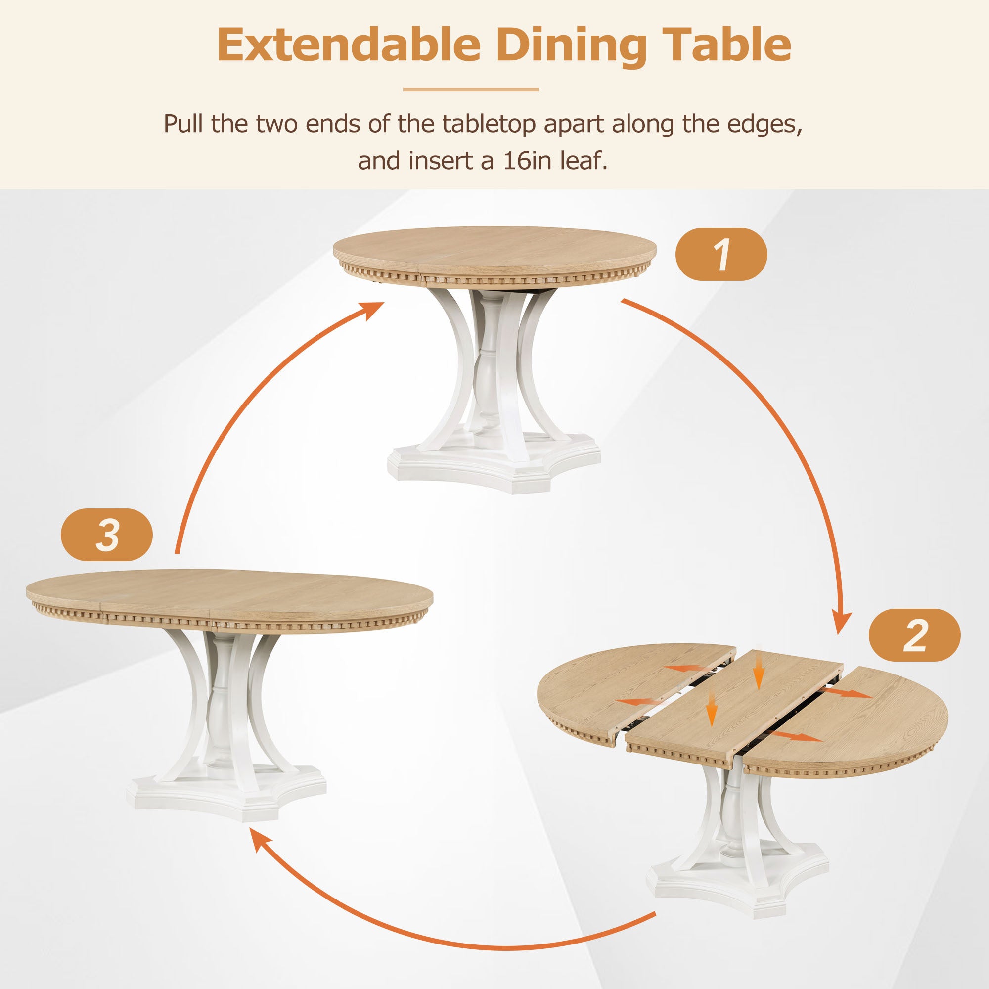 Retro 5-piece Dining Set Extendable Round Table and 4 Chairs - Oak Natural Wood + Antique White