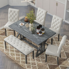 6-Piece Retro Rectangular Dining Table Set, Table with Unique Legs and 4 Upholstered Chairs & 1 Bench - Grey Wash
