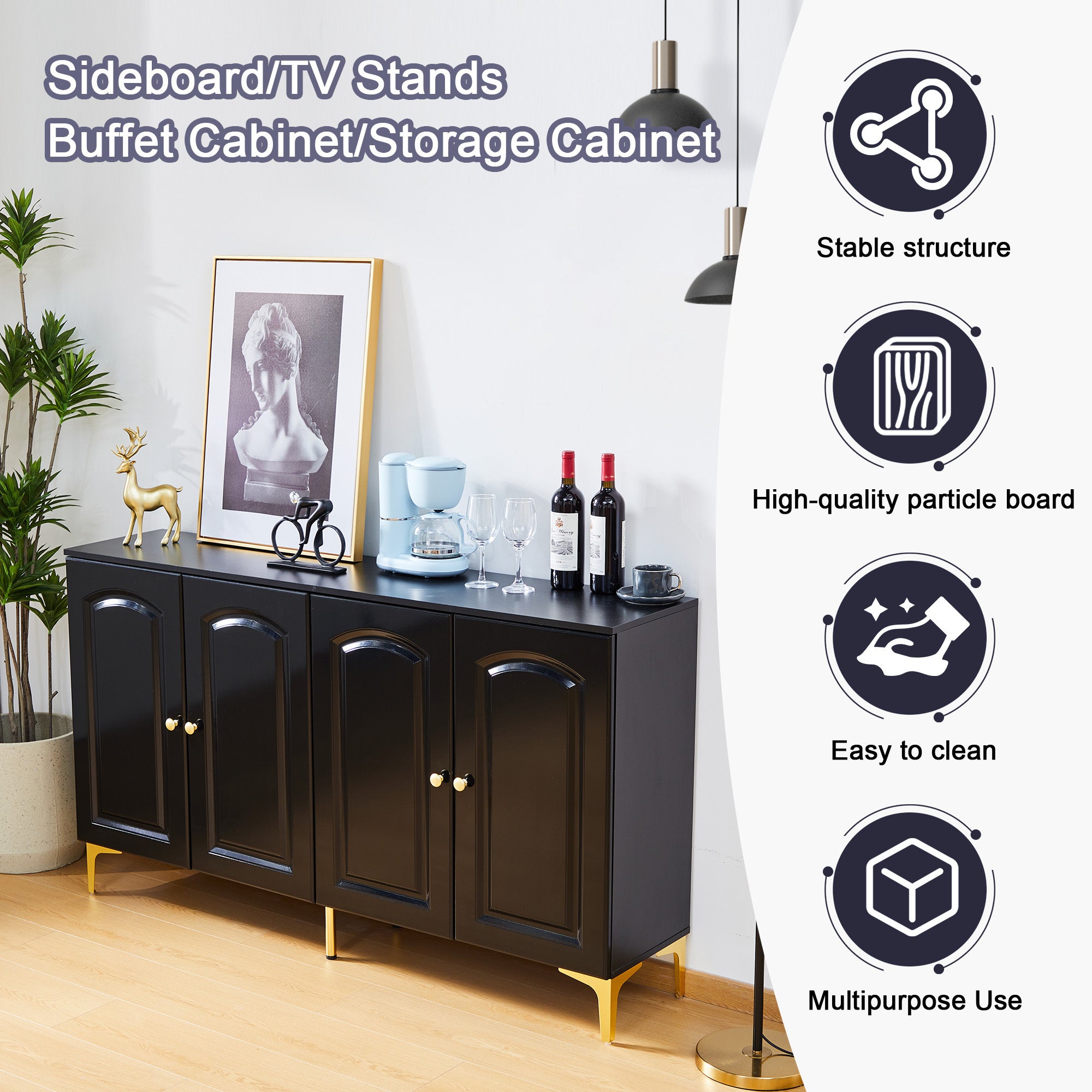 Buffet Sideboard 4 Doors Accent Storage Cabinet, Mid Century Modern Buffet Table with Adjustable Shelf - Black