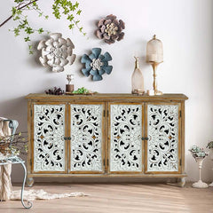 Farmhouse Sideboard Buffet with Storage, Accent Cabinet with 4 Doors, Wood Carved Floral Doors - Natural