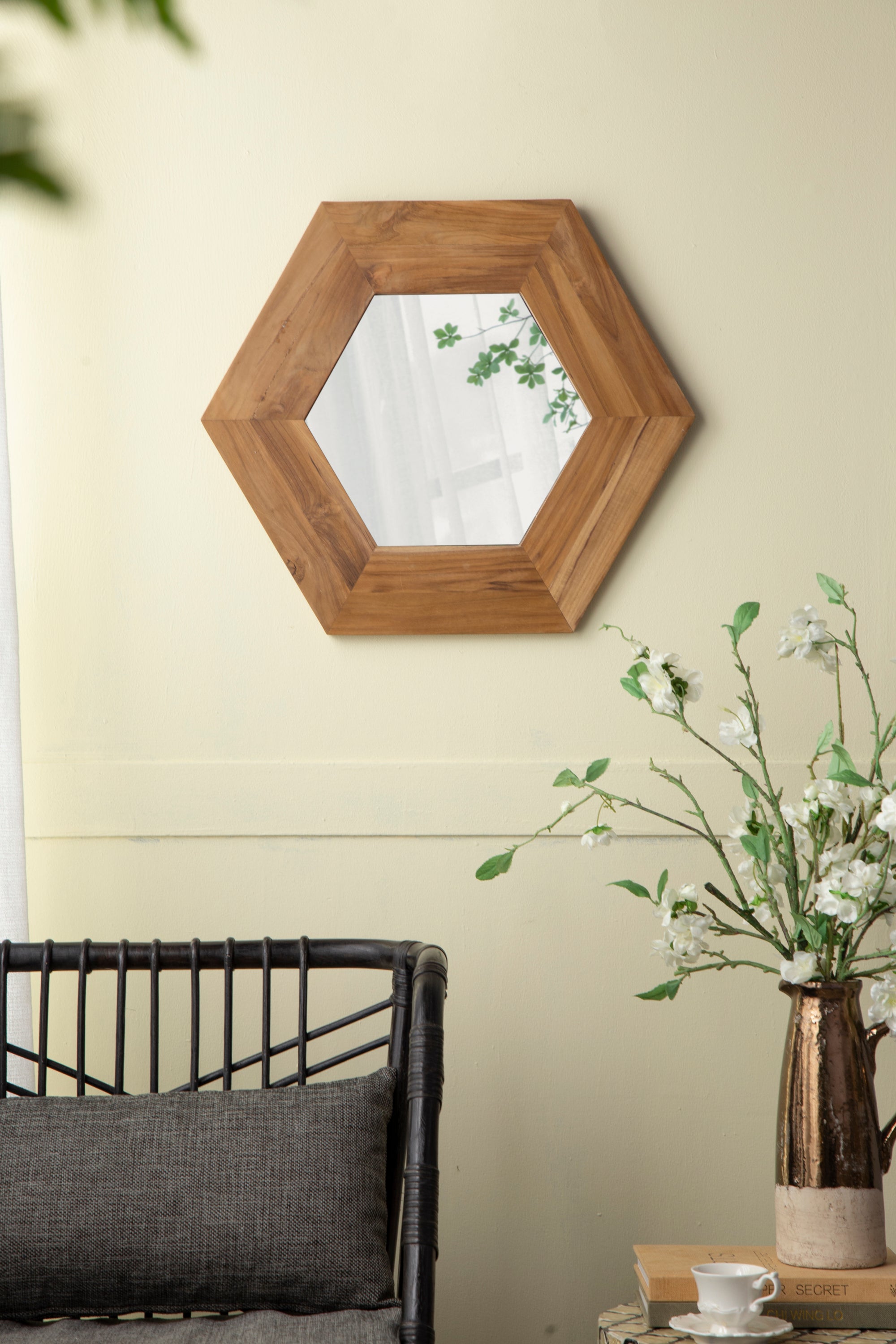 Hexagon Mirror with Natural Wood Frame 18.5"x18.5"