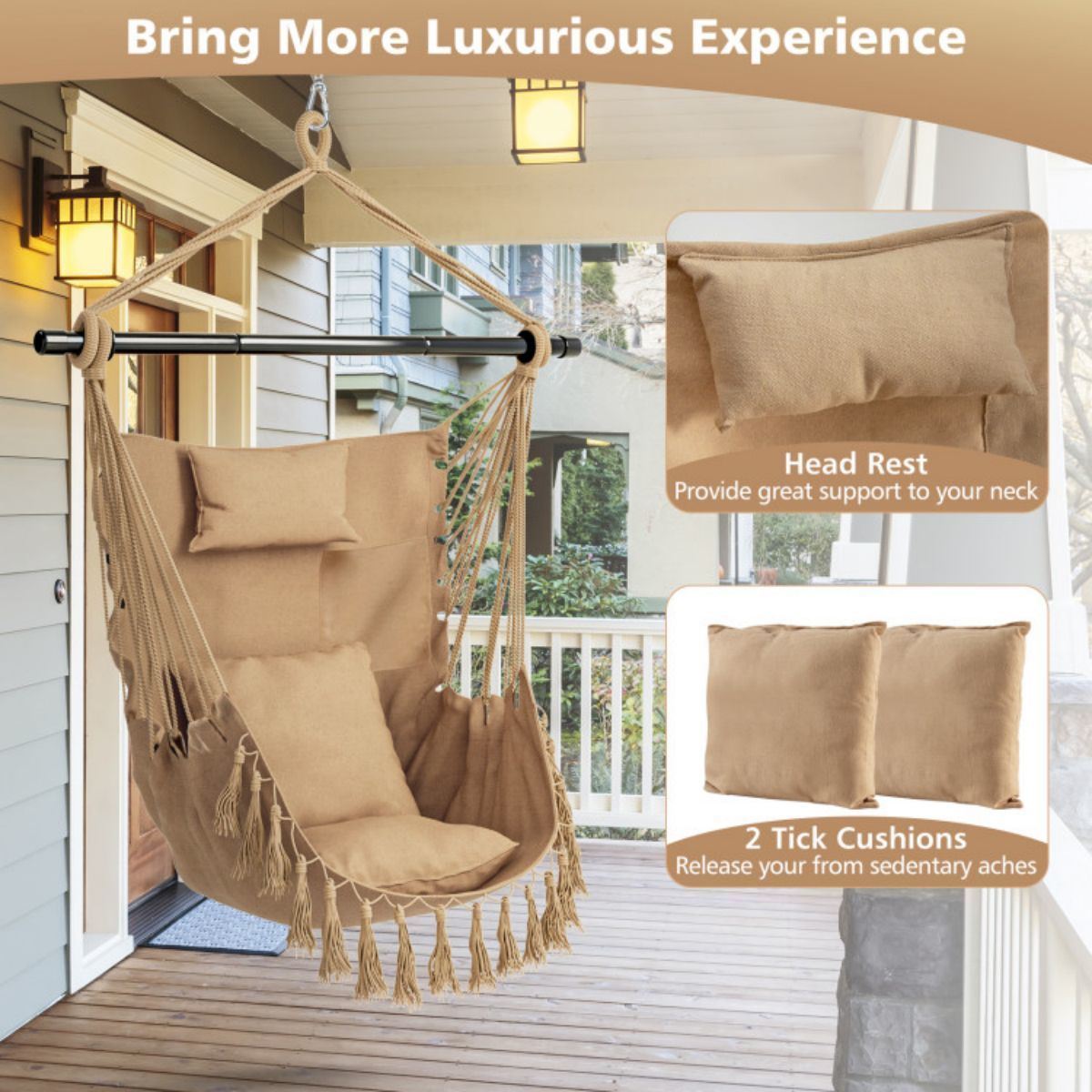 Hanging Rope Swing Chair with Soft Pillow and Cushions - Beige