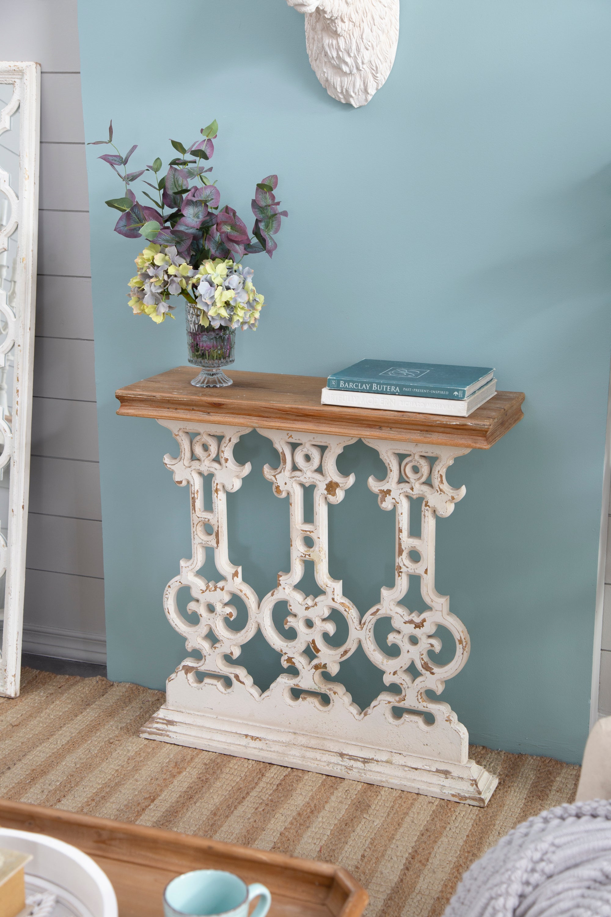 Classic Vintage White Wash Console Table with Brown Wood Top 32"x12"x32"