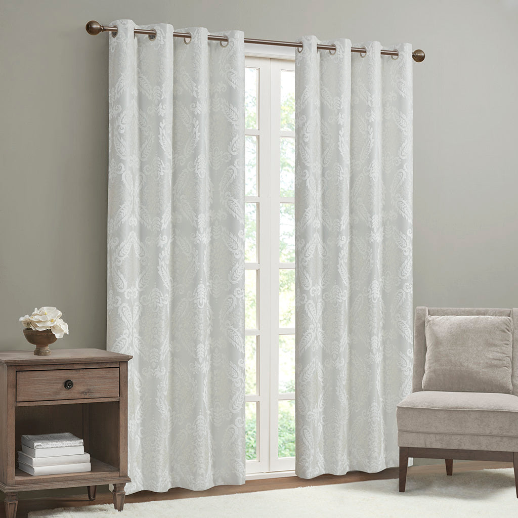 50x95" Knitted Jacquard Paisley Total Blackout Grommet Top Curtain Panel - White