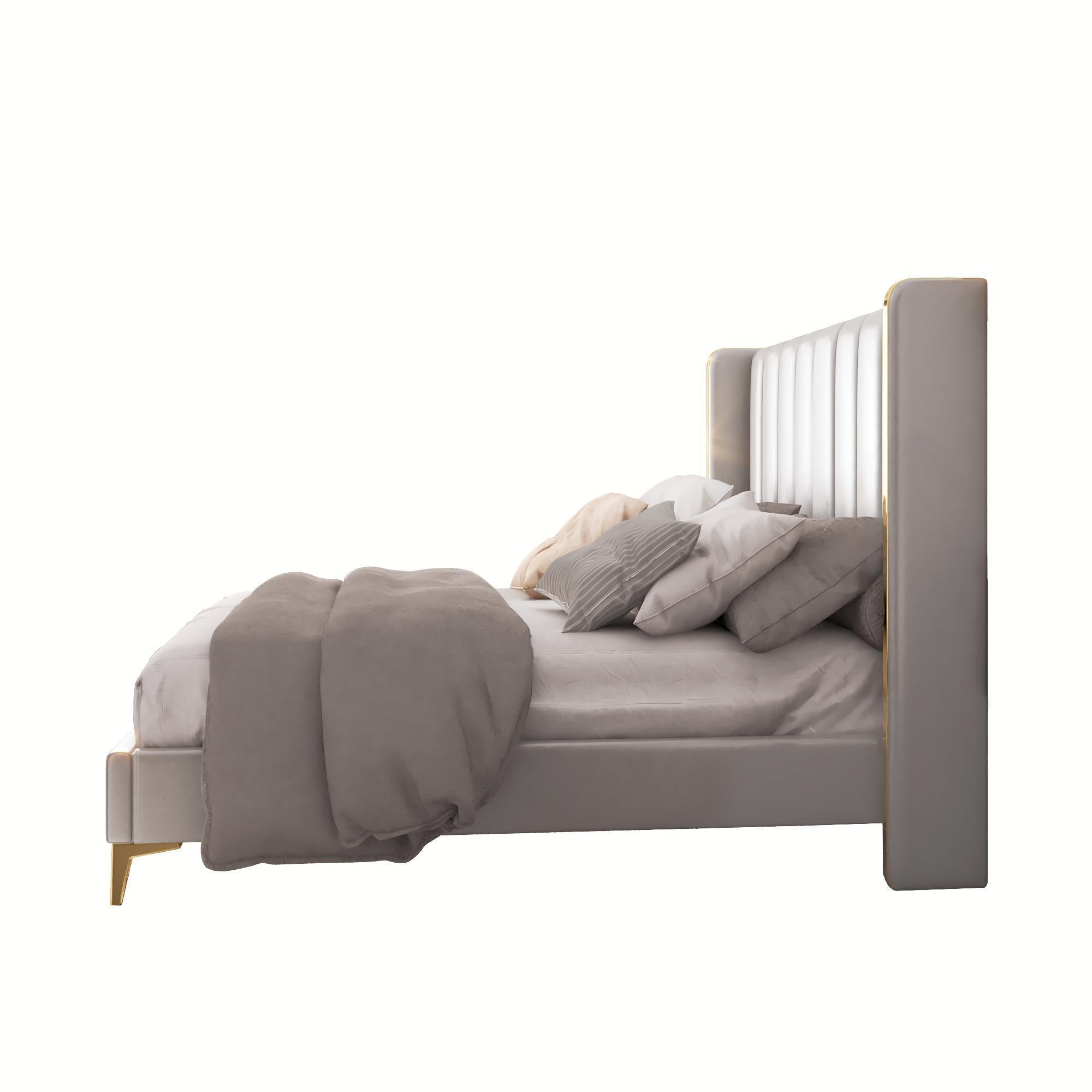King Size Bed Frame, 56" Tall Headboard Channel Tufted Upholstered - Light Grey