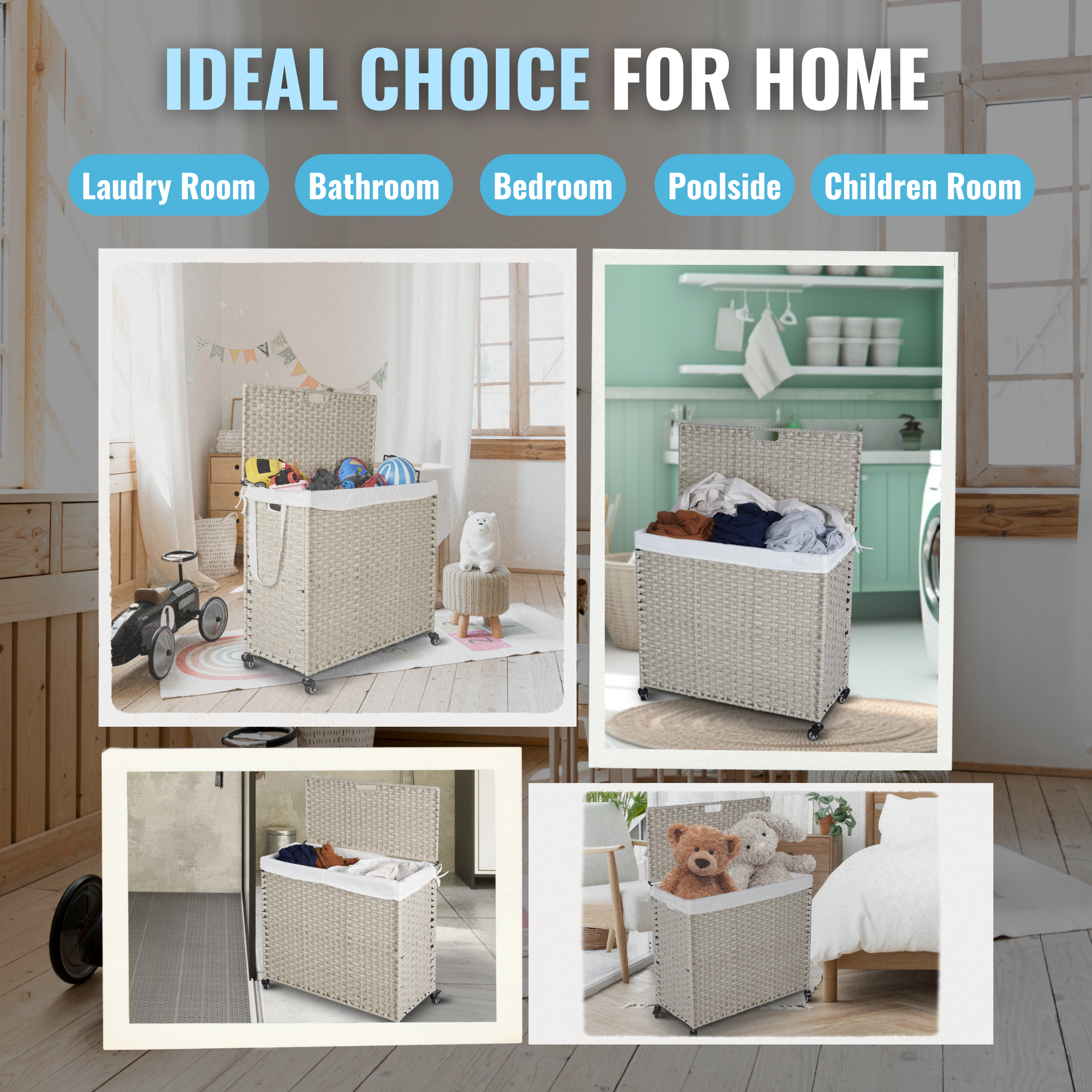 Laundry Hamper With Lid PE Rattan Powder Coating Frame Clothes Hampers with 2 Removable Bags, Wheels, 160L, Light Grey