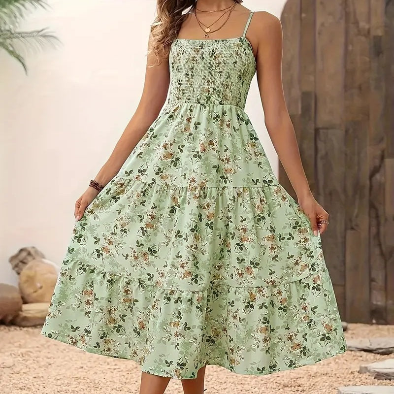 Women's Floral Midi Dress, Smocked Bodice, Spaghetti Strap, Tiered Summer Dress