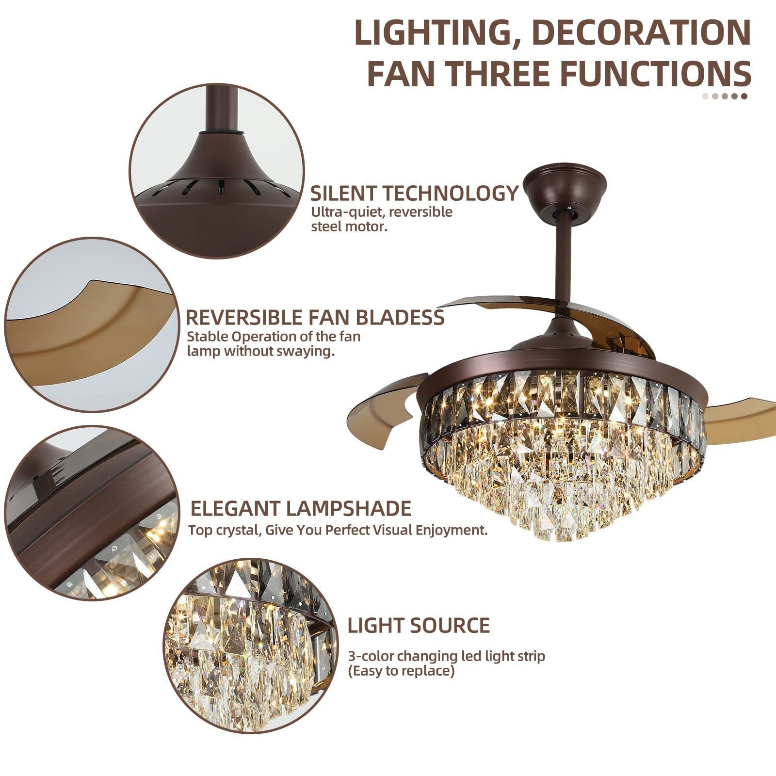 42"Chandelier Ceiling Fan Retractable Ceiling Fans with Lights and Remote Control 6 Speed LED 72w Dimmable Invisible