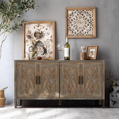 4 Door Wooden Twill Sideboard American Country Vintage Old Living Room Dining Room Hallway Entryway Cabinet - Antique Brown