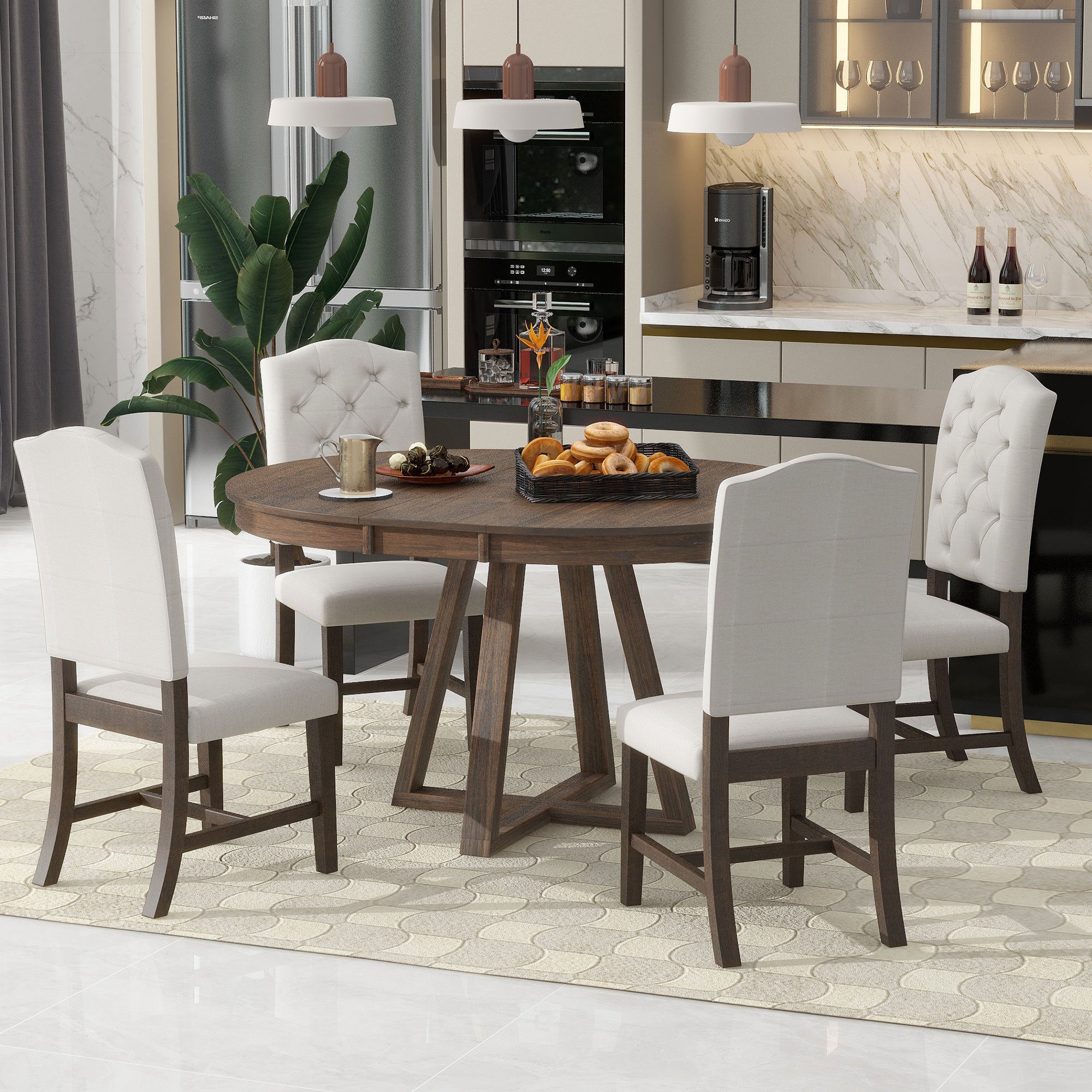 5-Piece Retro Functional Dining Set, Round Table with a 16"W Leaf and 4 Upholstered Chairs - Walnut