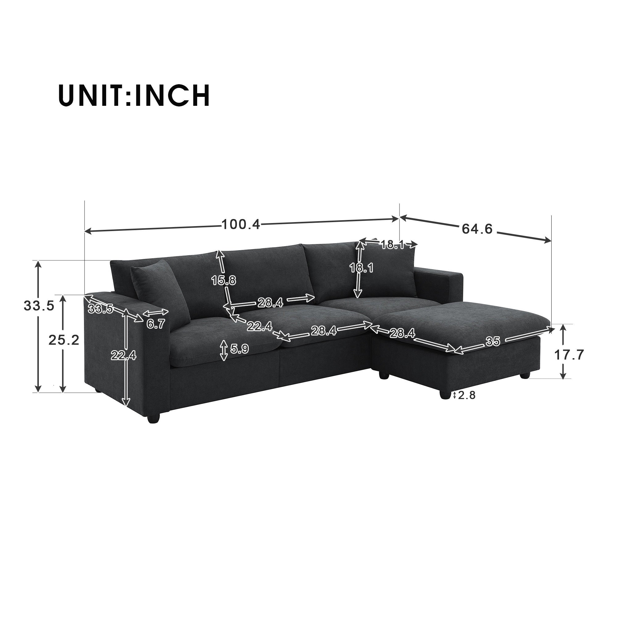 100.4x64.6" Modern Sectional Sofa, L-Shaped Couch Set With 2 Free Pillows, 4-Seat Polyester Fabric Couch Set With Convertible Ottoman - Black
