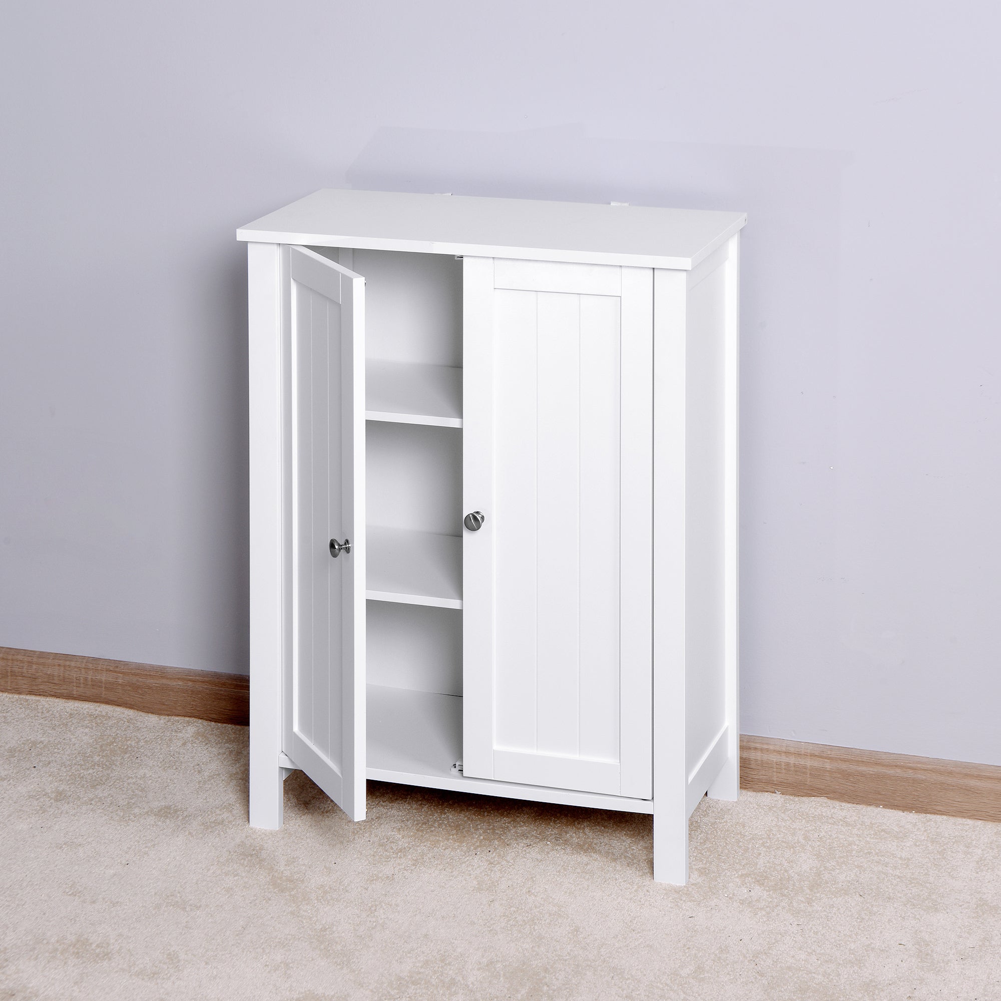 Bathroom Floor Storage Cabinet with Double Door Adjustable Shelf - White