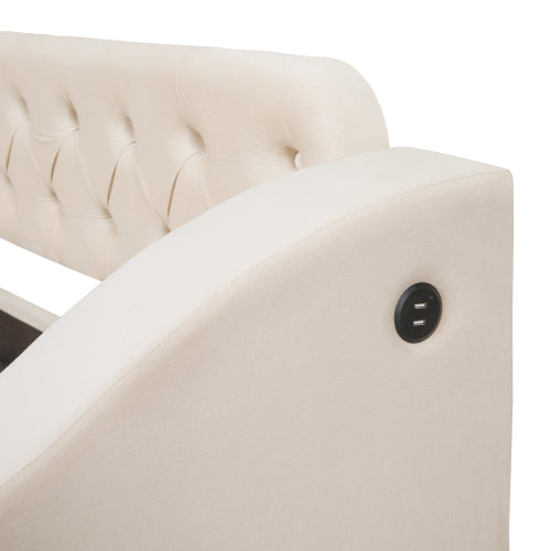 Twin Size Upholstered Daybed with Storage Armrests and USB Port - Beige