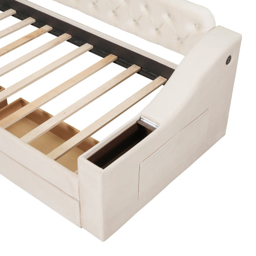 Twin Size Upholstered Daybed with Storage Armrests and USB Port - Beige