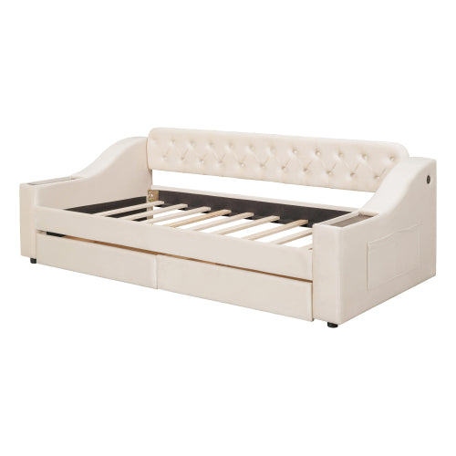Twin Size Upholstered Daybed with Storage Armrests and USB Port - Beige