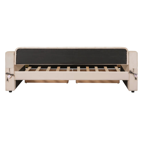 Twin Size Upholstered Daybed with Storage Armrests and USB Port - Beige