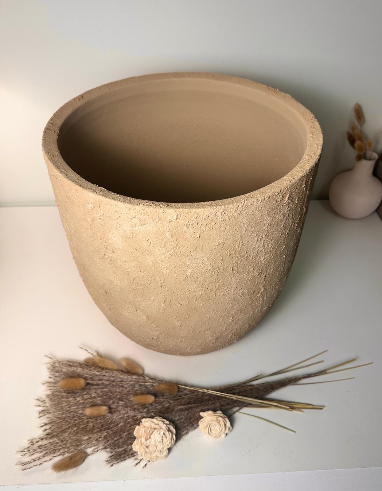 13.5" Rustic Hand-Painted & Textured Planter Pot with Drainage Hole one time creation - Tan Beige Brown