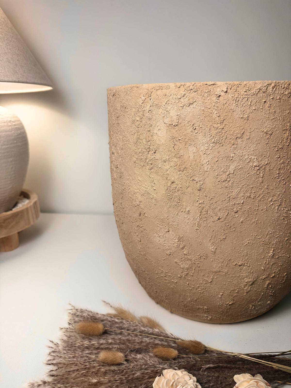 13.5" Rustic Hand-Painted & Textured Planter Pot with Drainage Hole one time creation - Tan Beige Brown