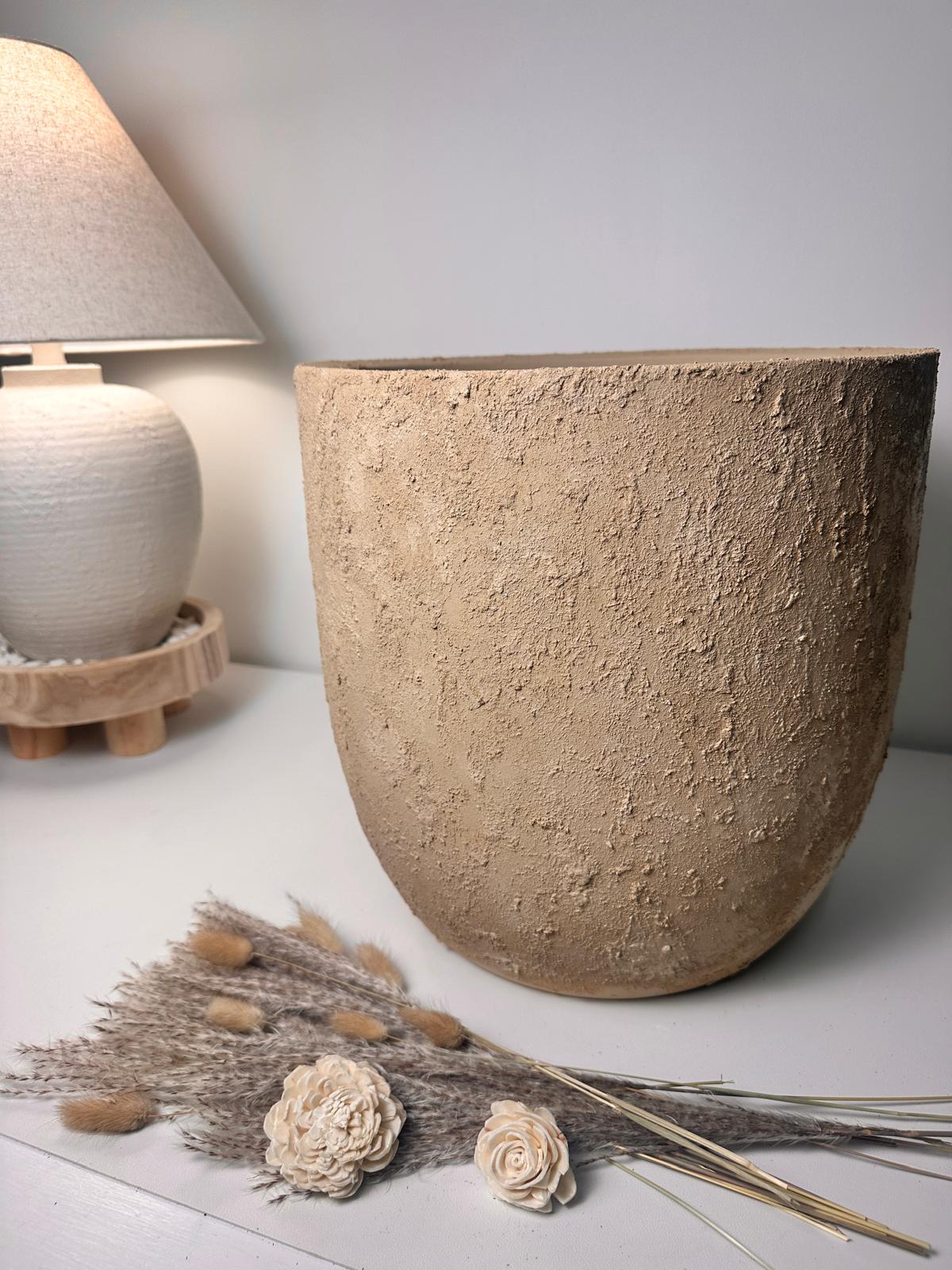 13.5" Rustic Hand-Painted & Textured Planter Pot with Drainage Hole one time creation - Tan Beige Brown