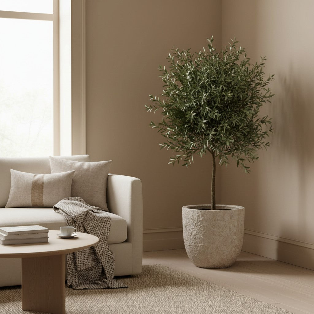 17" tall Minimalist Hand-Painted & Textured Planter Pot with drainage hole - cream wash