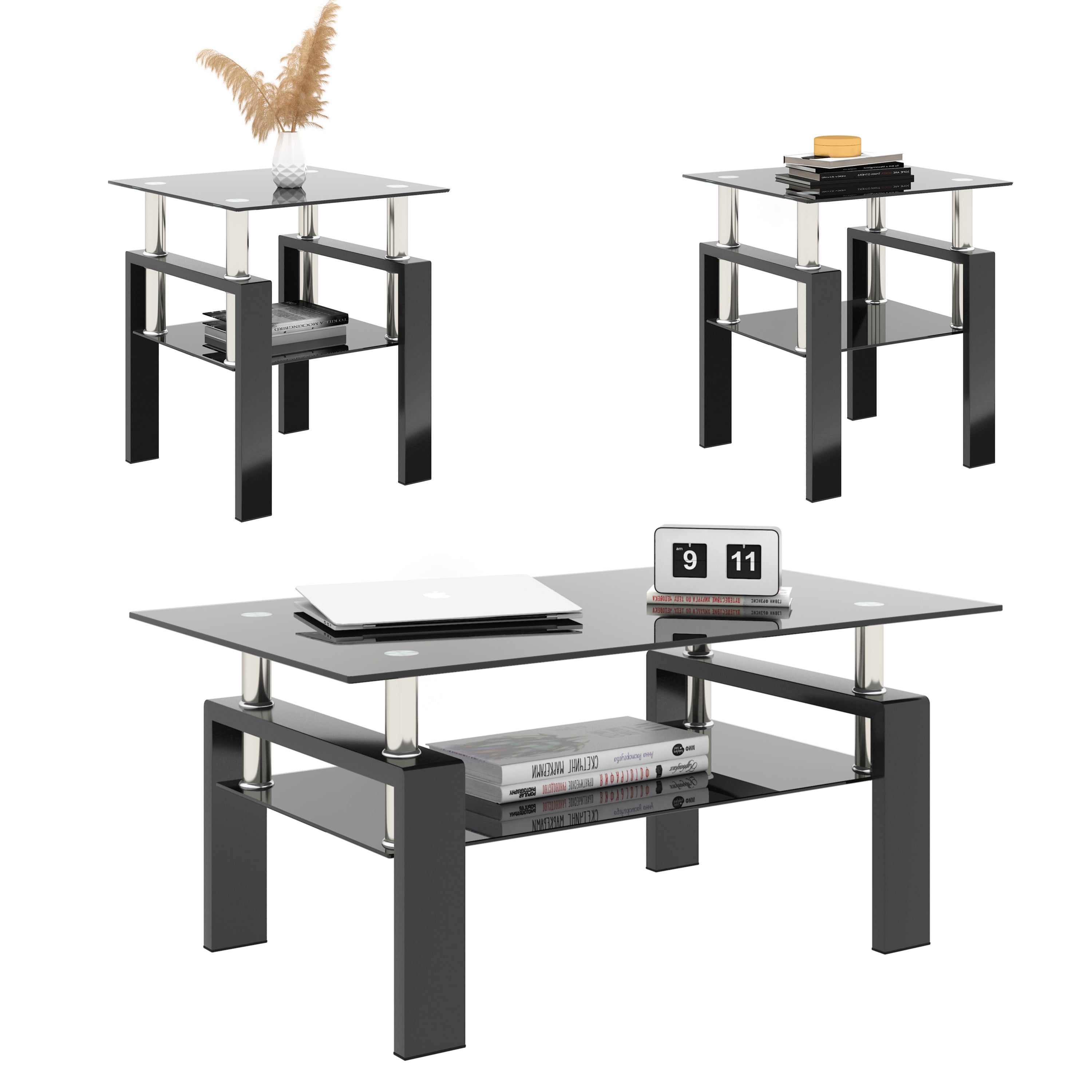 Set of 2 - Modern Tempered Glass Tea End Table - Black