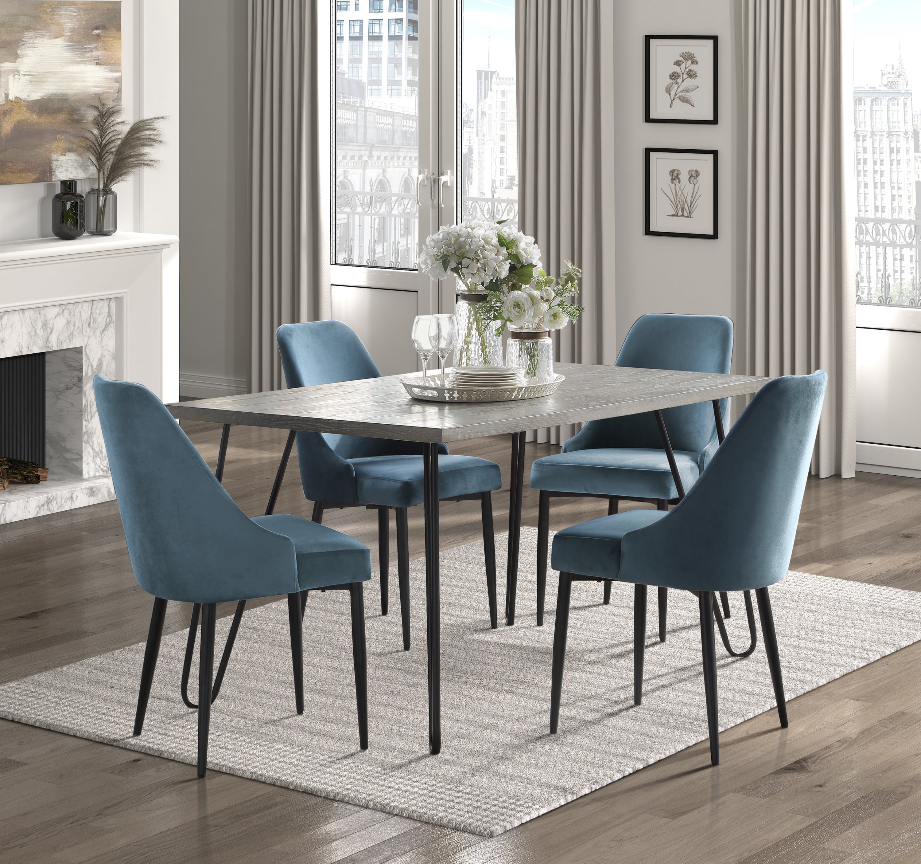 Modern Sleek Design Velvet Fabric Blue Side Chair (Set of 2) - Blue and Black Finish