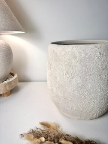 Minimalist Hand-Painted & Textured Planter Pot 12.5" tall with drainage hole one time creation - Cream Linen wash