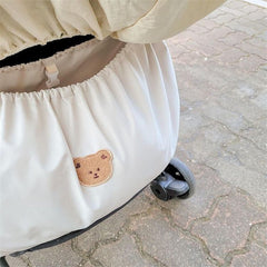 Baby Stroller Organizer Bag, White Waterproof Nylon Storage Pouch with Cute Bear Design, Universal Hanging Diaper Caddy