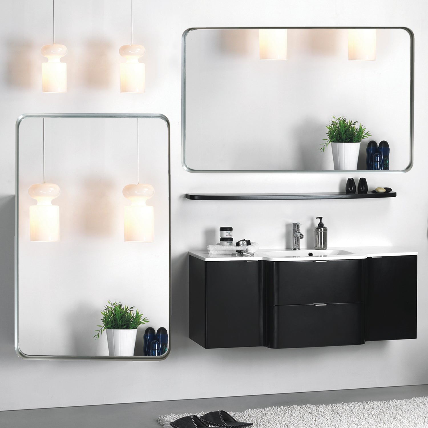 Glossy Brushed Silver Rounded Corner Rectangle Wall Mirror 36x30inch  (Horizontal & Vertical)