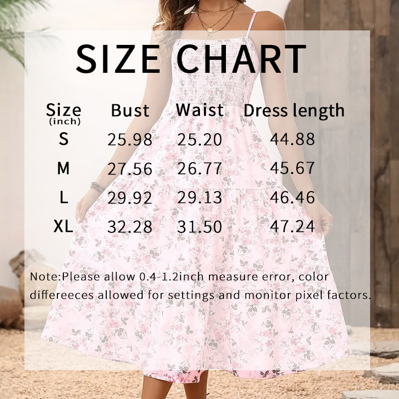 Women's Floral Midi Dress, Smocked Bodice, Spaghetti Strap, Tiered Summer Dress