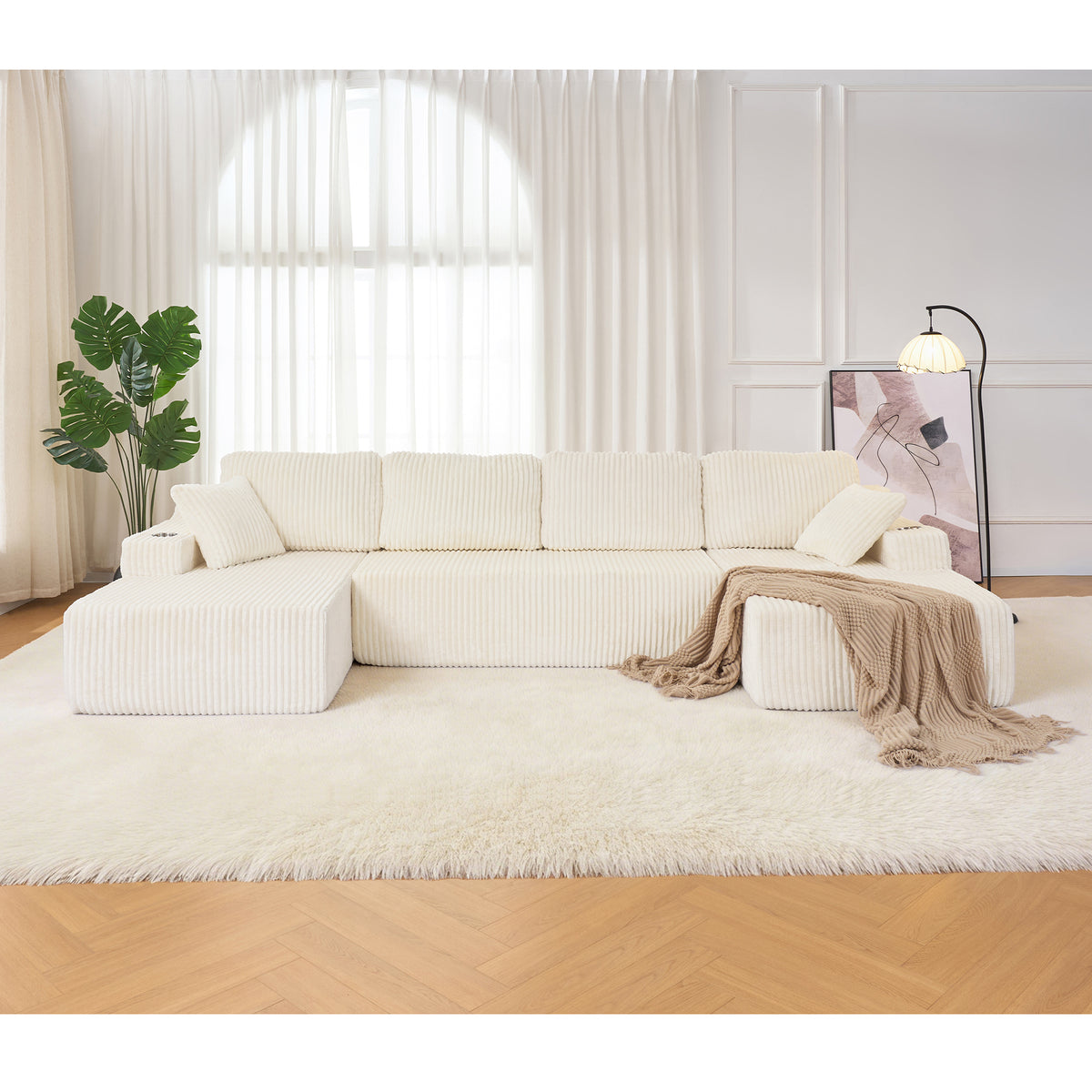 U-Shaped Modular Sectional Sofa, Wide Corduroy Cloud Couch with Pocket Spring & High-Density Foam, 4-Piece Convertible DIY Set with Metal Cup Holders, Storage Pockets & Anti-Slip Backrest-Beige