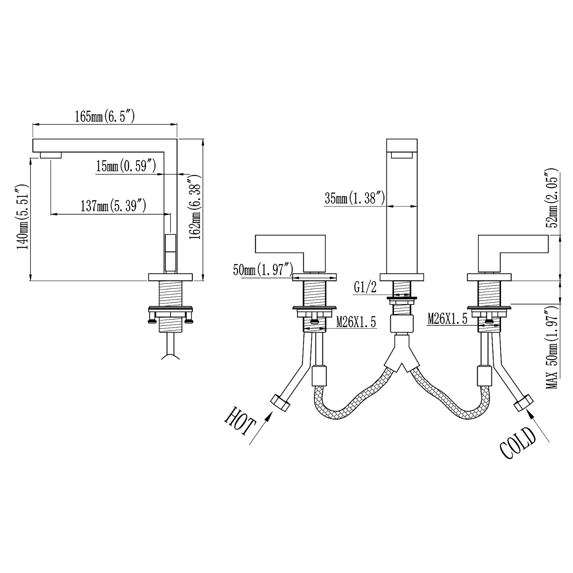 Square Three Hole Double Handle Bathroom Basin Faucet