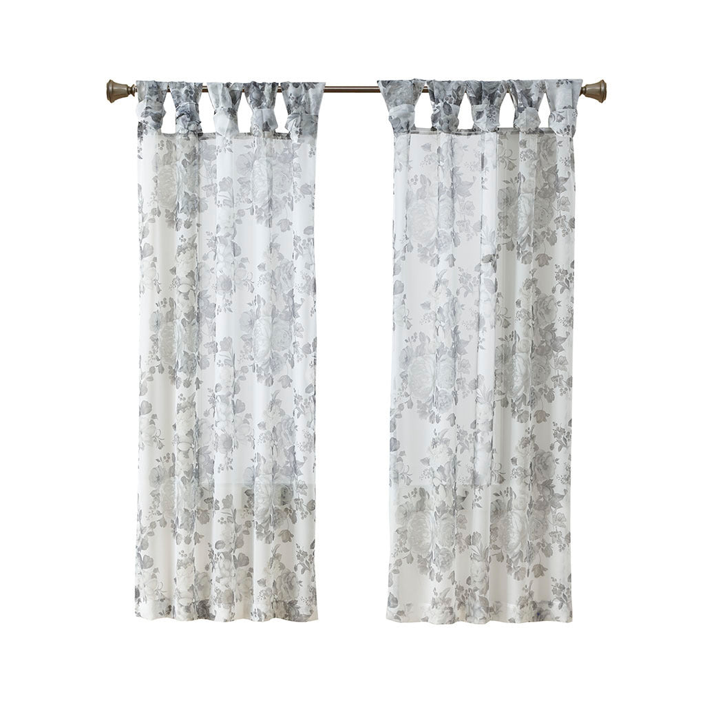 50x95" Printed Floral Twist Tab Top Voile Sheer Curtain - White