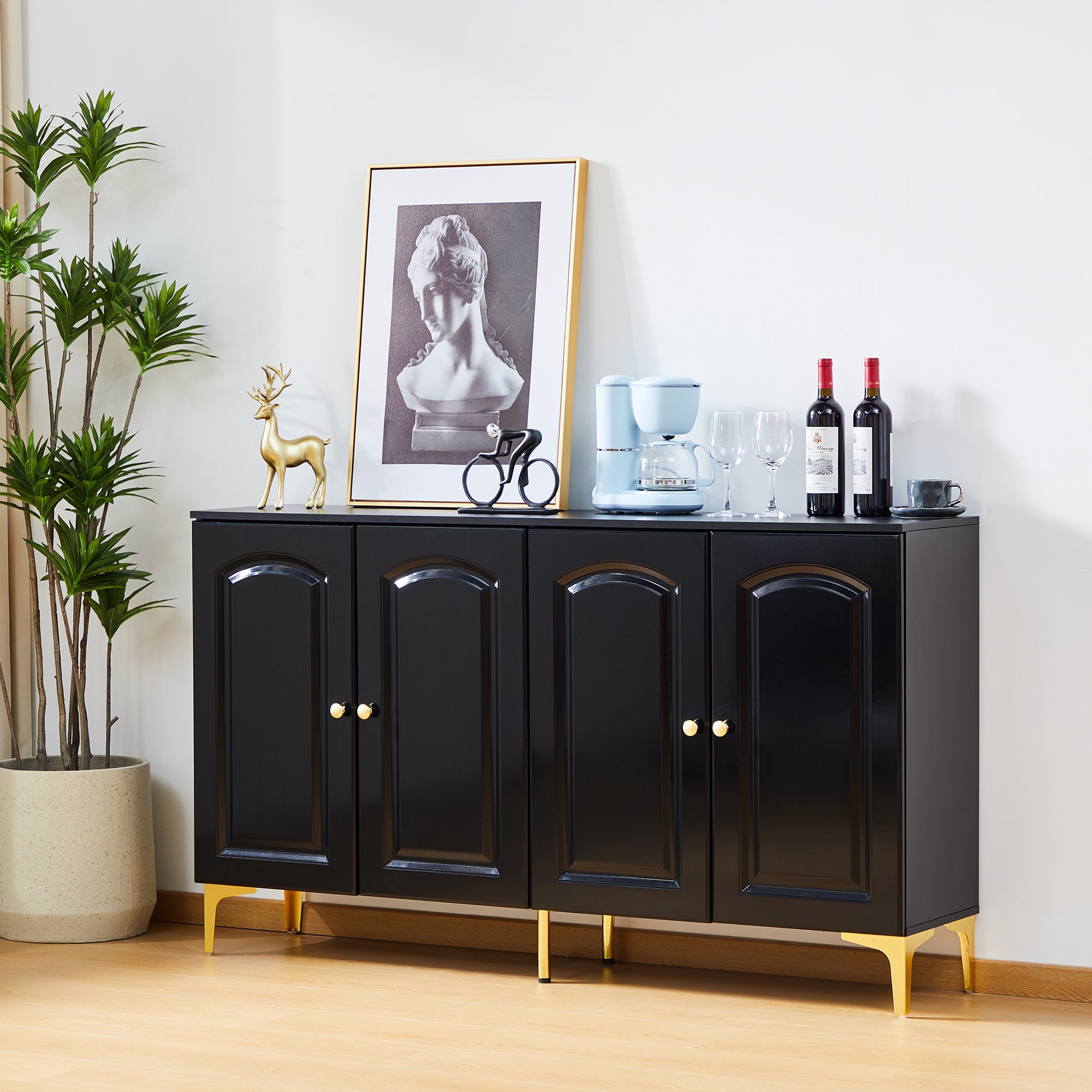 Buffet Sideboard 4 Doors Accent Storage Cabinet, Mid Century Modern Buffet Table with Adjustable Shelf - Black