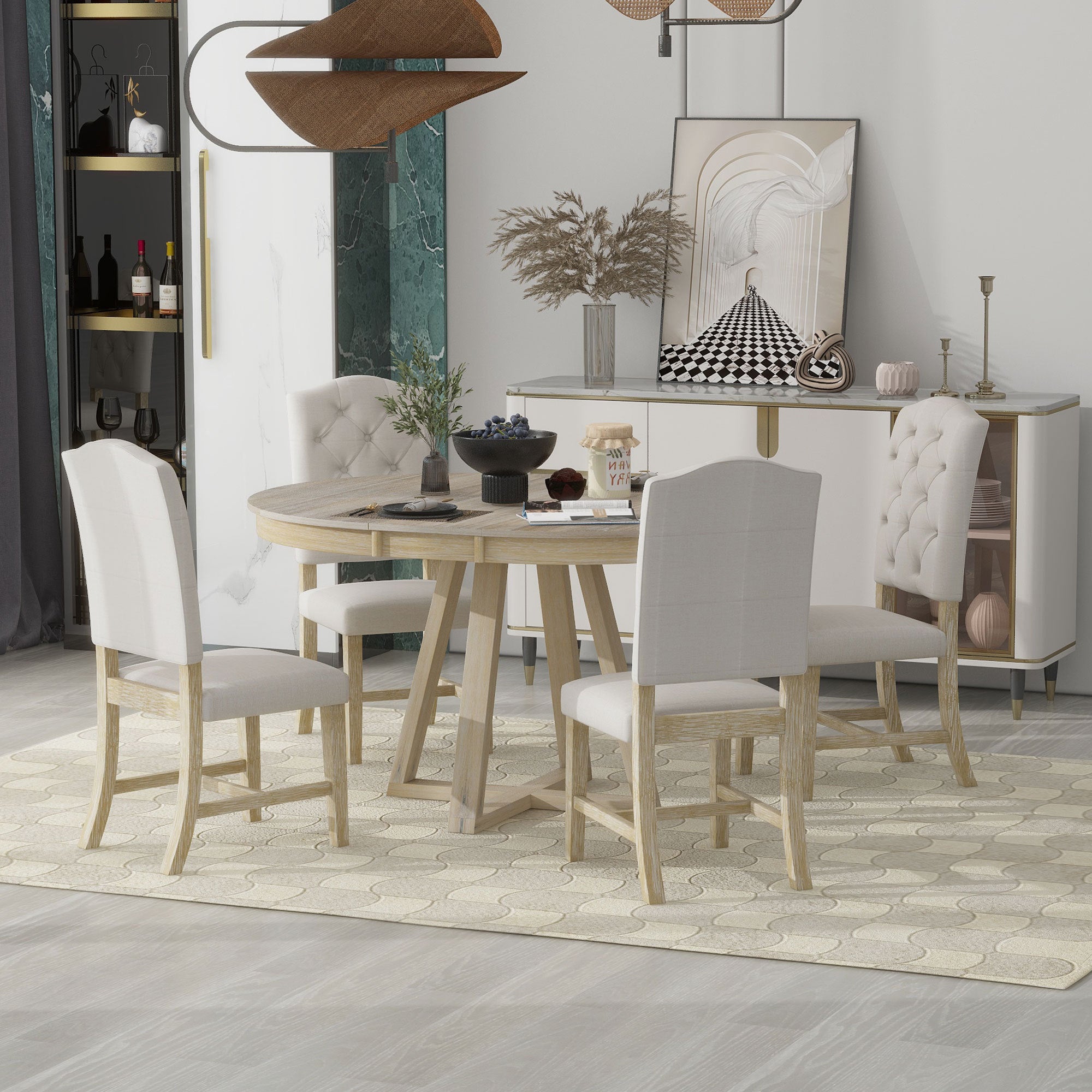 5-Piece Retro Functional Dining Set, Round Table with a 16"W Leaf and 4 Upholstered Chairs - Natural