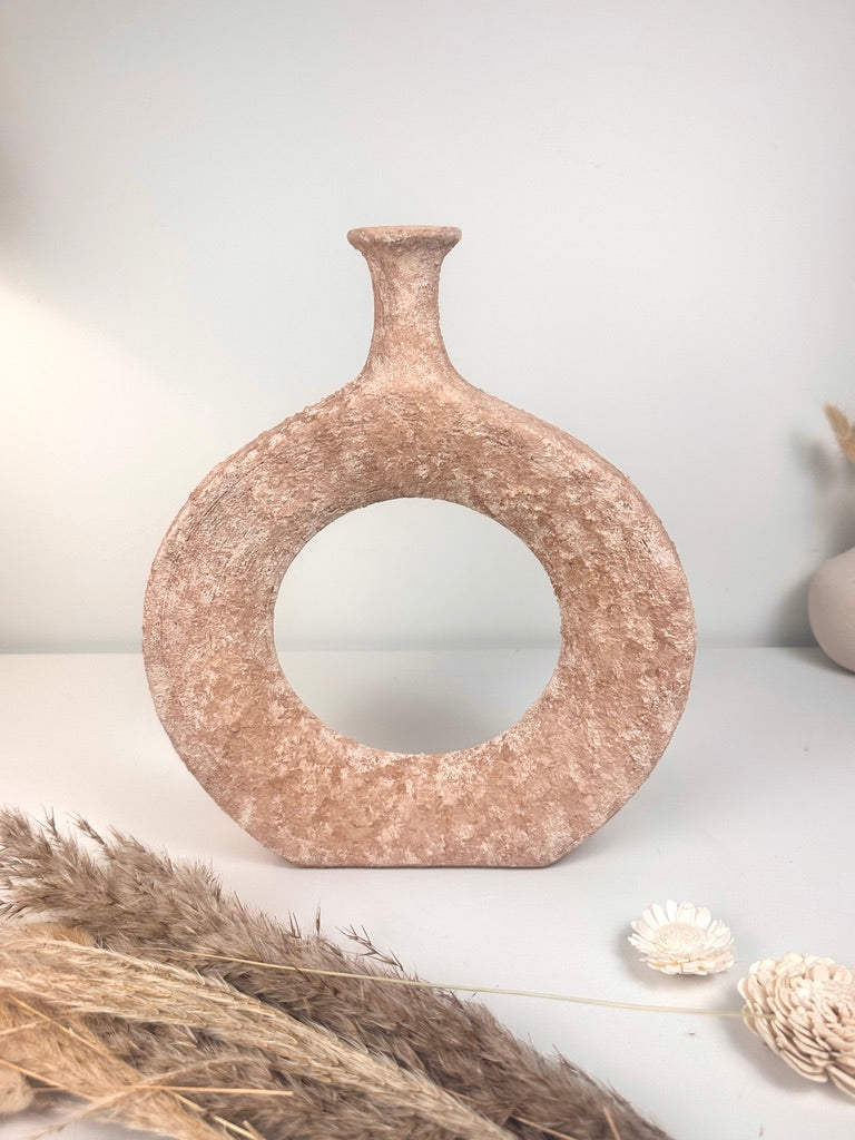 Terracotta Hand-Painted Textured Donut Metal Vase 12" tall