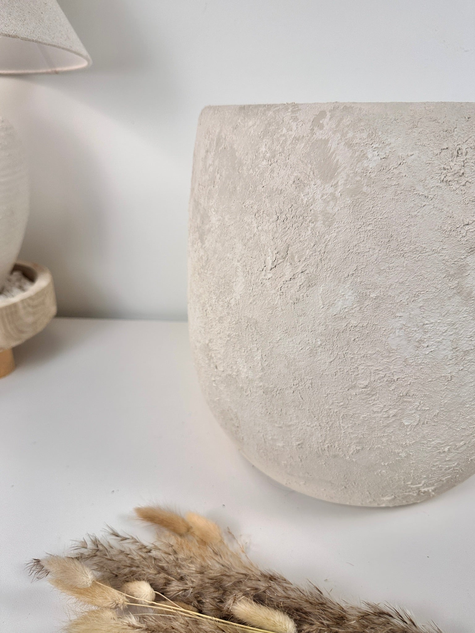 Minimalist Hand-Painted & Textured Planter Pot 12.5" tall with drainage hole one time creation - Cream Linen wash