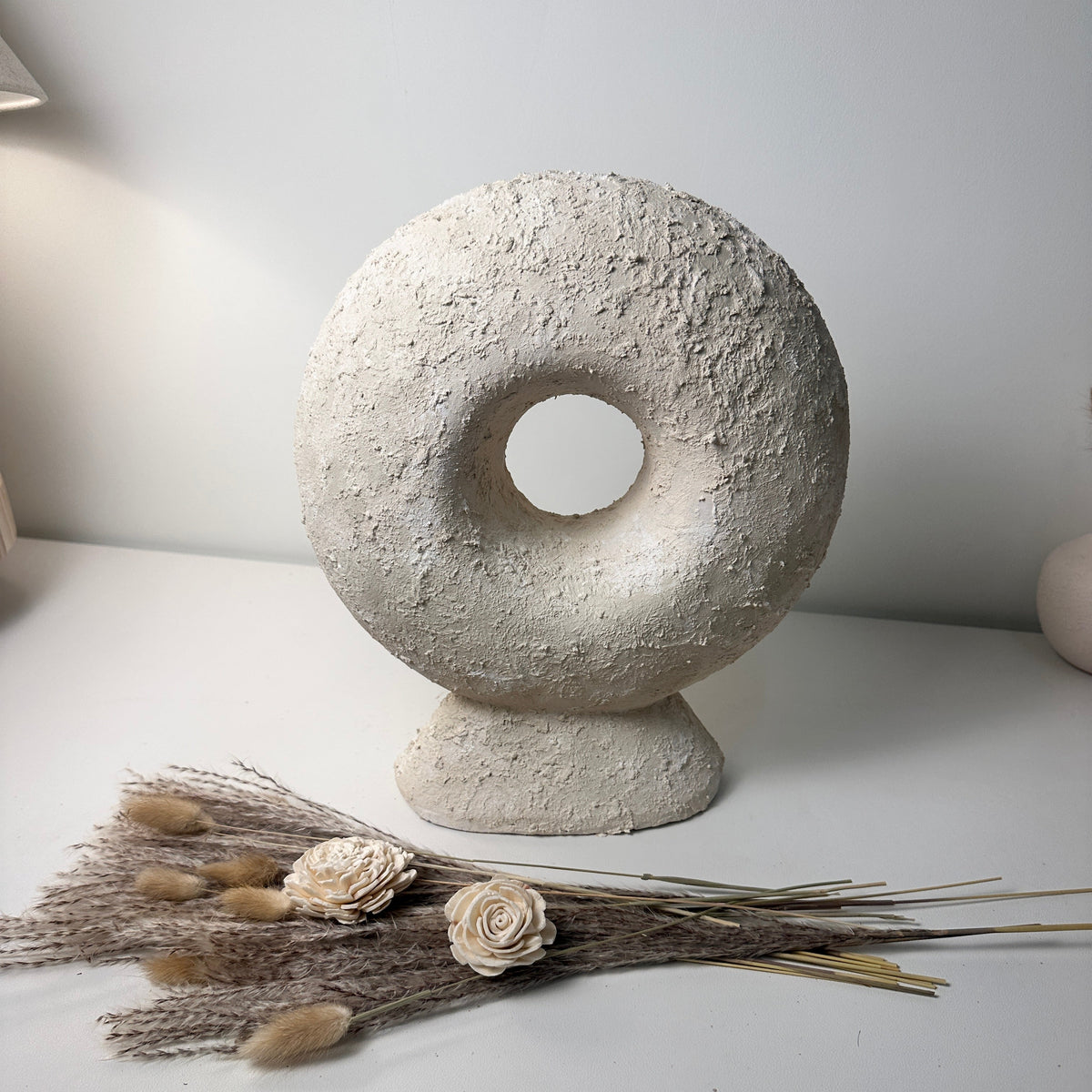 Abstract Minimalist Sculpture Made of Organic Stone, White Donut-Shaped Textured 13" - Cream