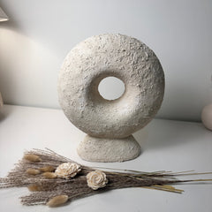 Abstract Minimalist Sculpture Made of Organic Stone, White Donut-Shaped Textured 13" - Cream