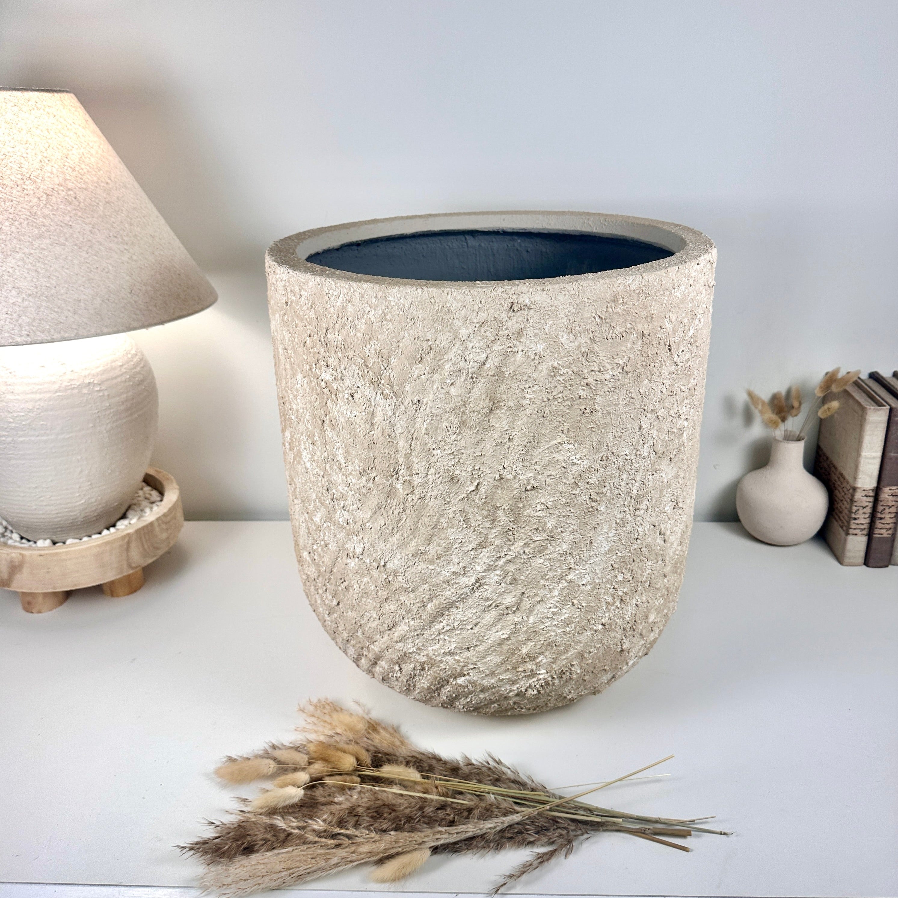 Minimalist Hand-Painted & Textured Planter Pot 17.5" tall with drainage hole one time creation - cream sand washed