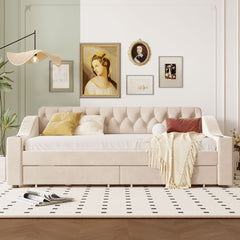 Twin Size Upholstered Daybed with Storage Armrests and USB Port - Beige