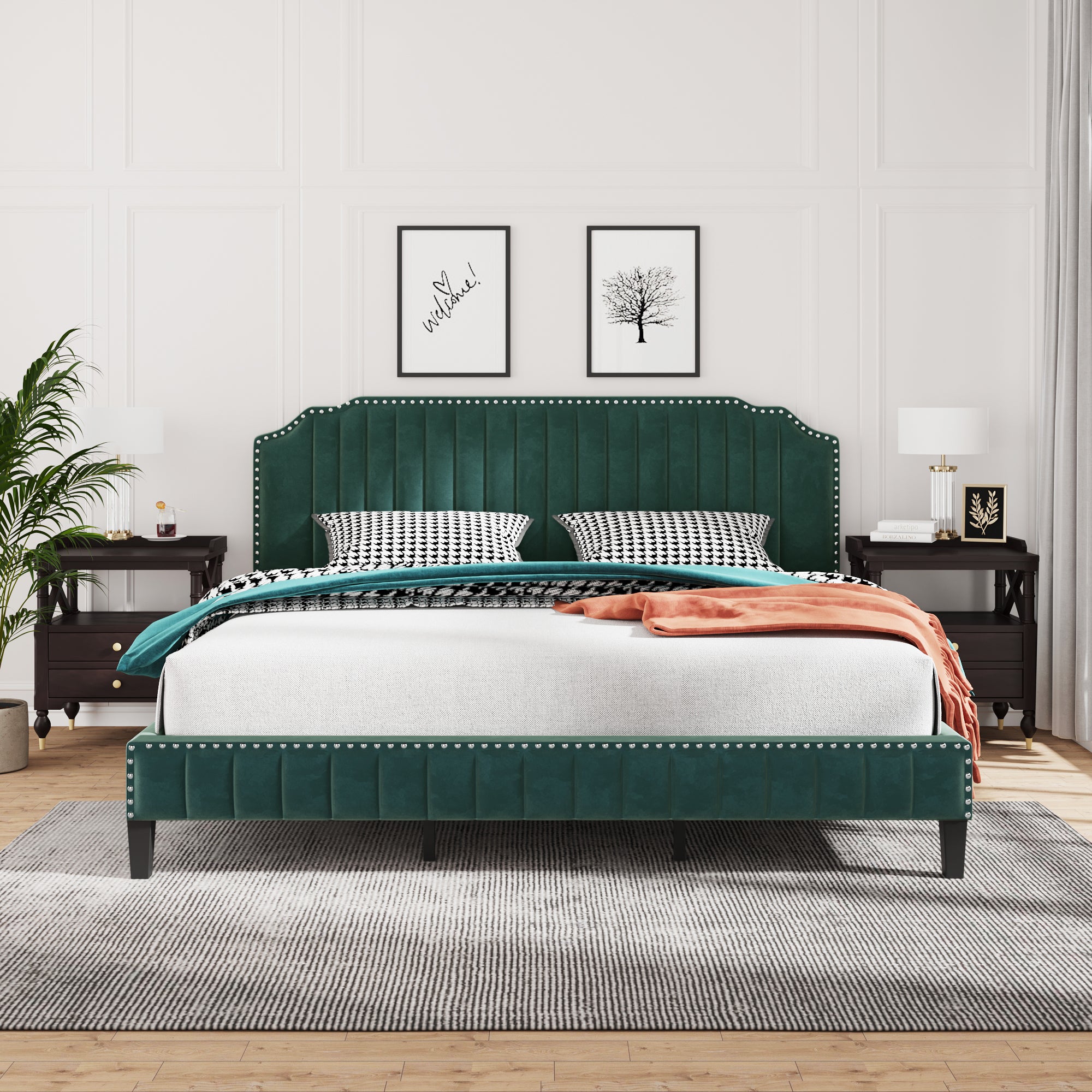 Modern King Bed Velvet Curved Upholstered Platform Bed - Green