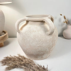 Minimalist Textured Hand-Painted Vase 4 handles Roman Style - 11" tall - Cream