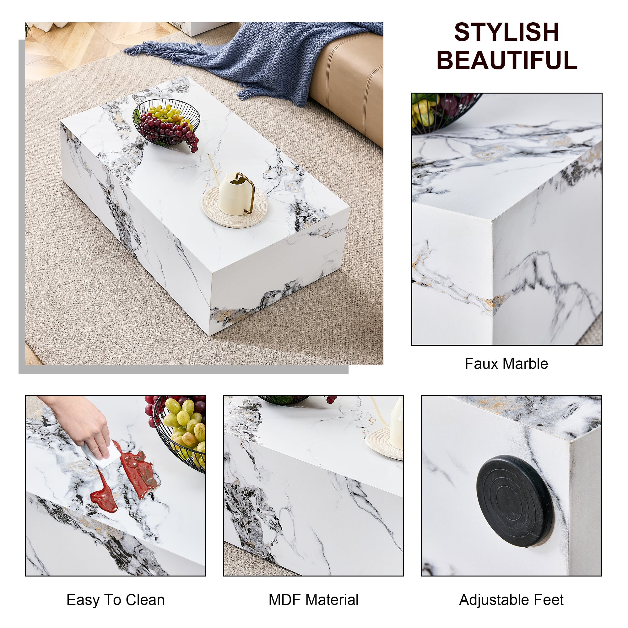 Modern Coffee Table with Marble Pattern - White