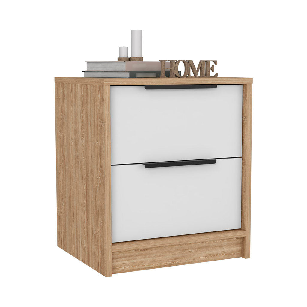 Nightstand Cervants, Two Drawers, Metal Handle - White / Pine Finish