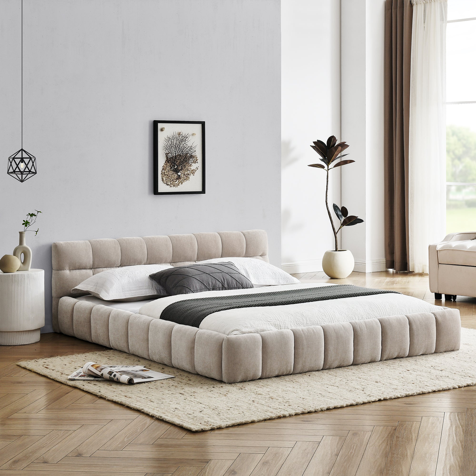 Queen Size Upholstered Bed Frame with Thick Fabric, Chenille Fabric Grounded Queen Size Platform Bed with Headboard and Solid Frame. No Box Spring Needed, Beige(68''x86.5''x23.5'')
